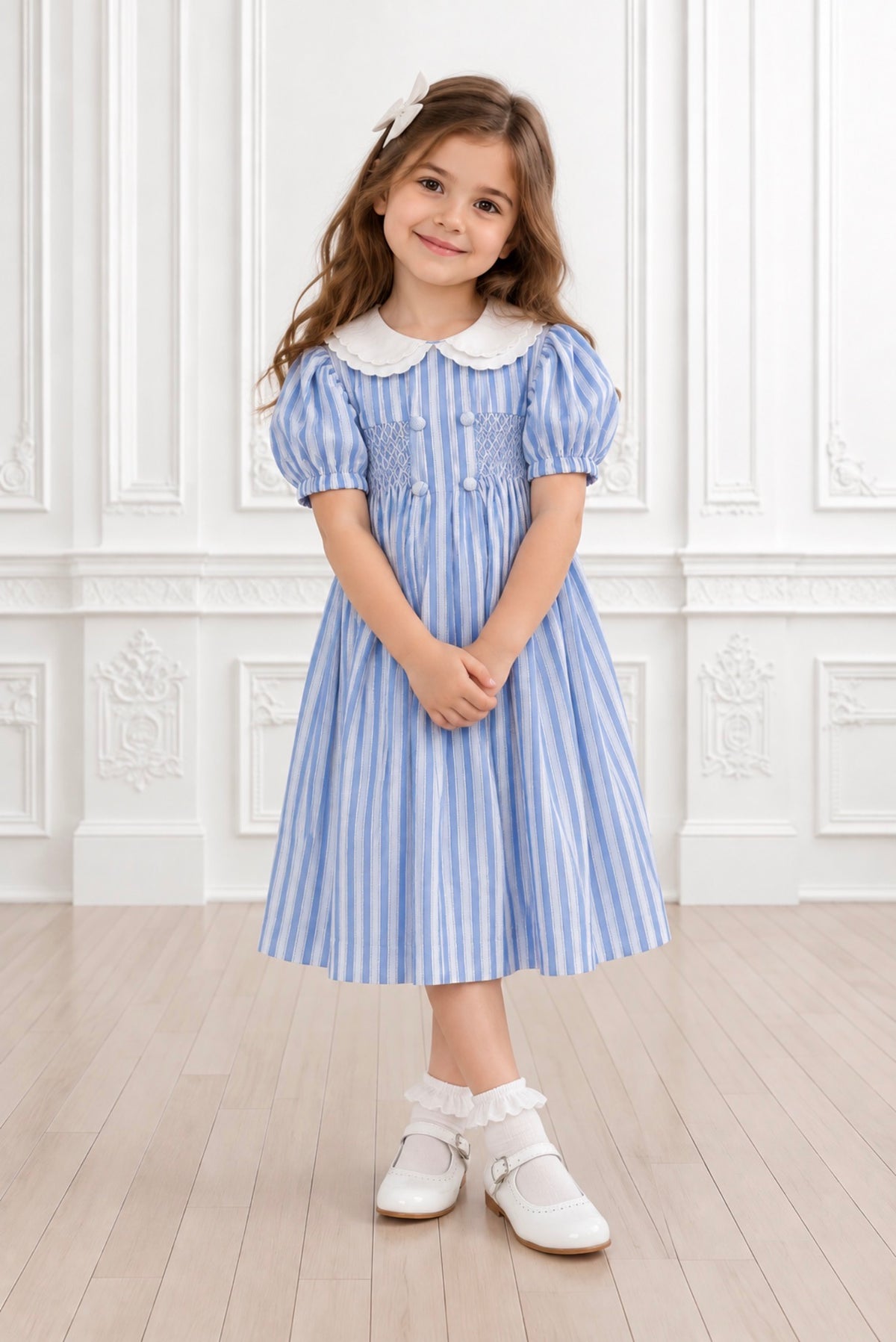 Blue stripes smocked dress