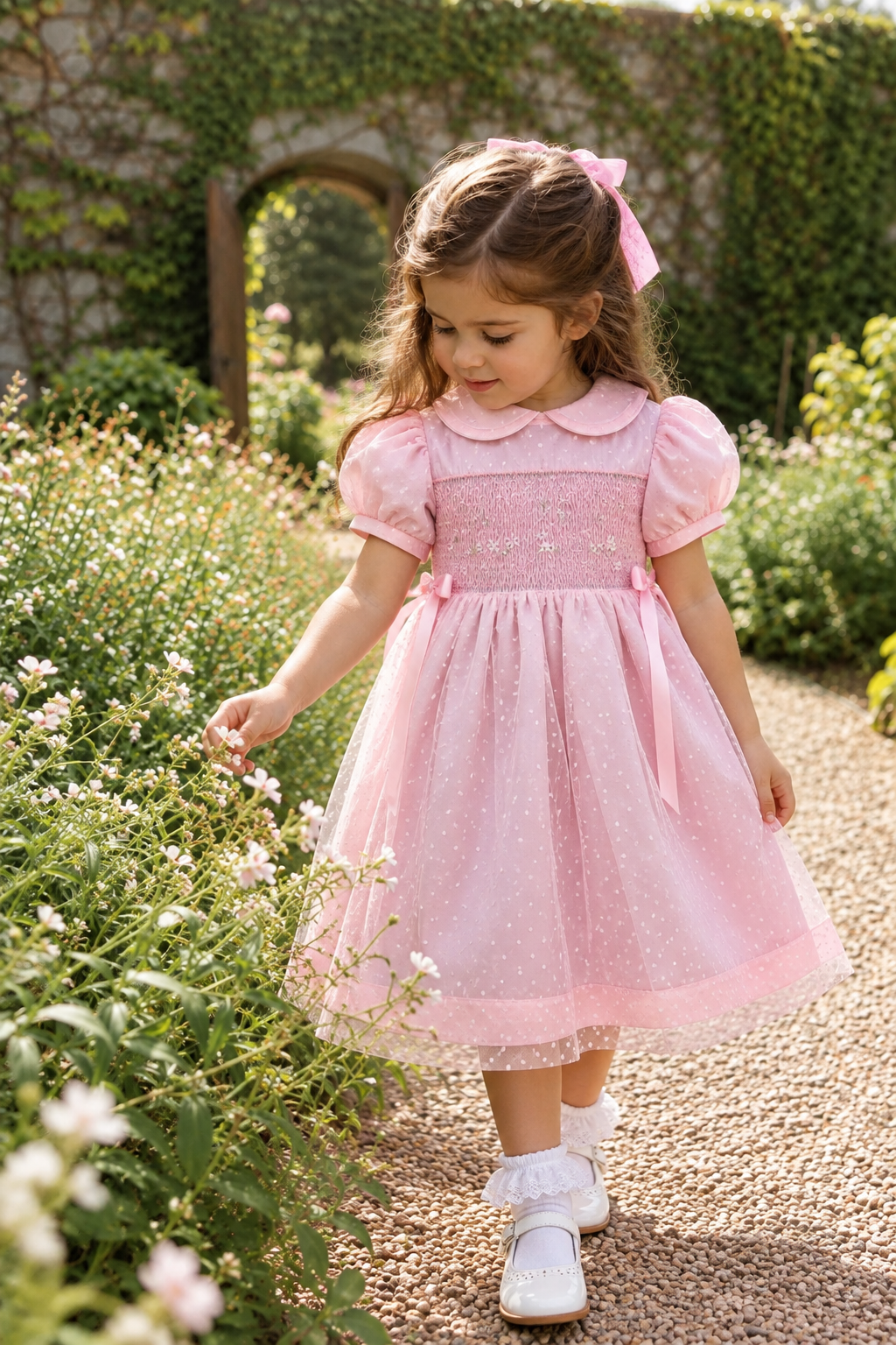 Pink smocked dress with polka dot tulle layer