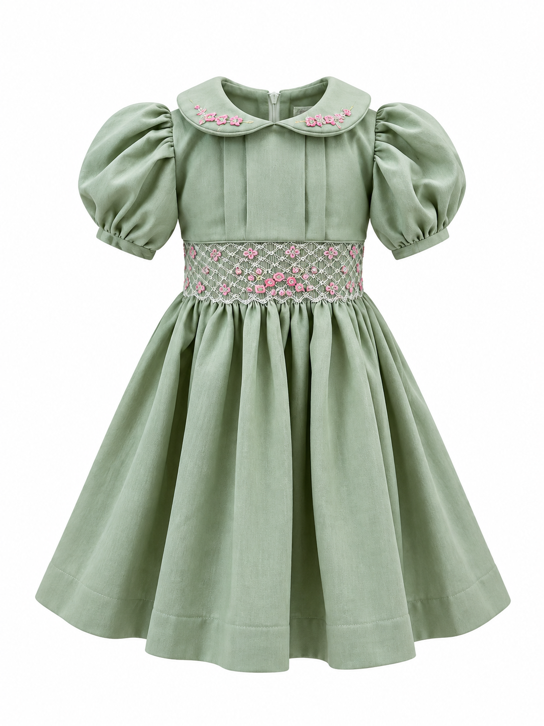 Green smocked dress with pink embroidery