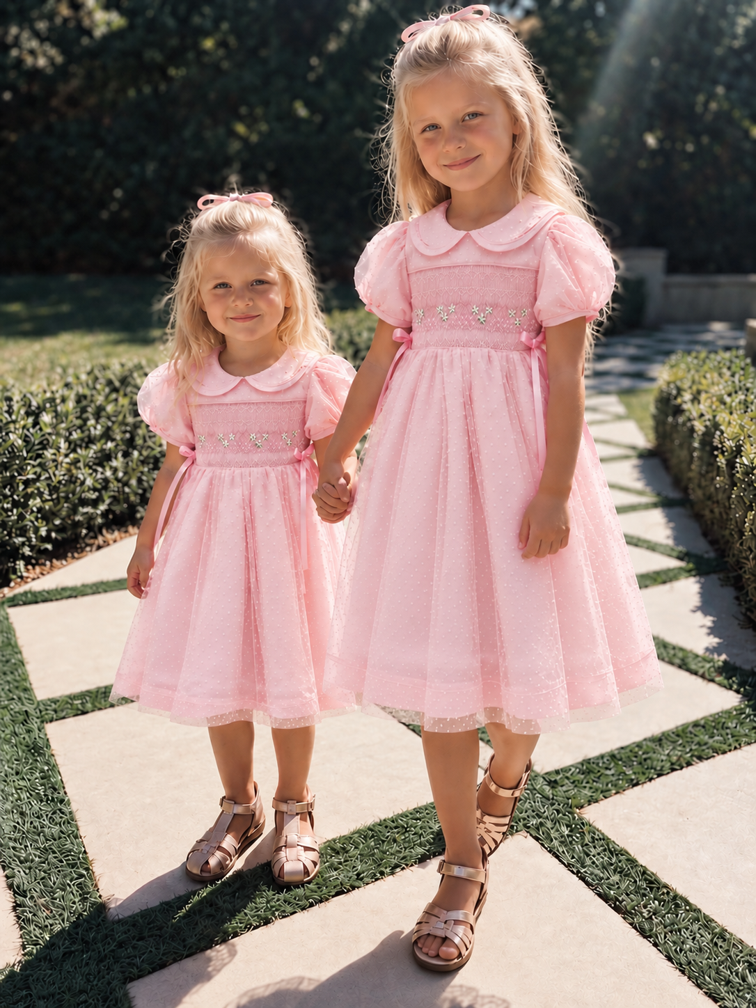 Pink smocked dress with polka dot tulle layer