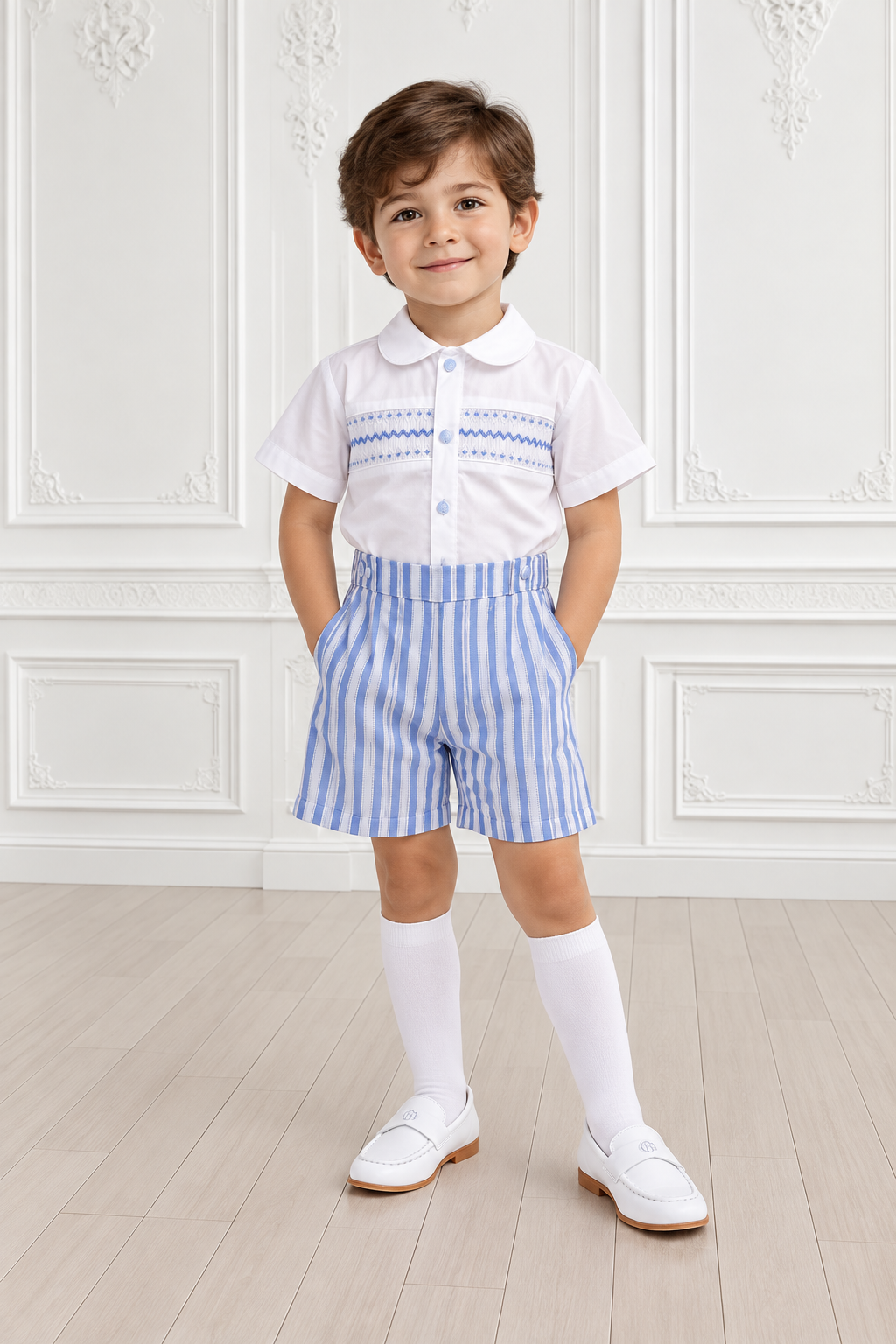 Blue stripe shorts set