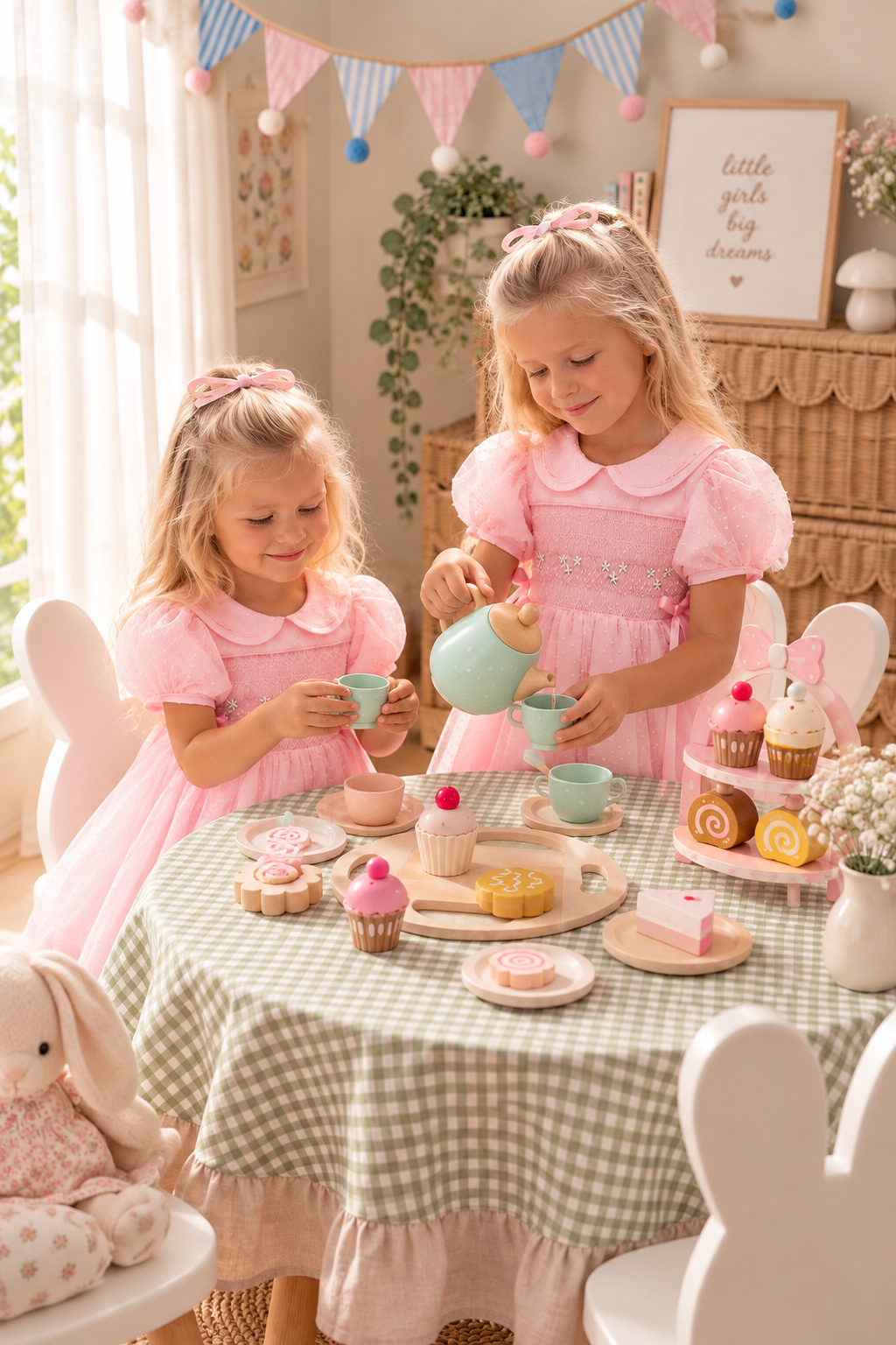 Pink smocked dress with polka dot tulle layer