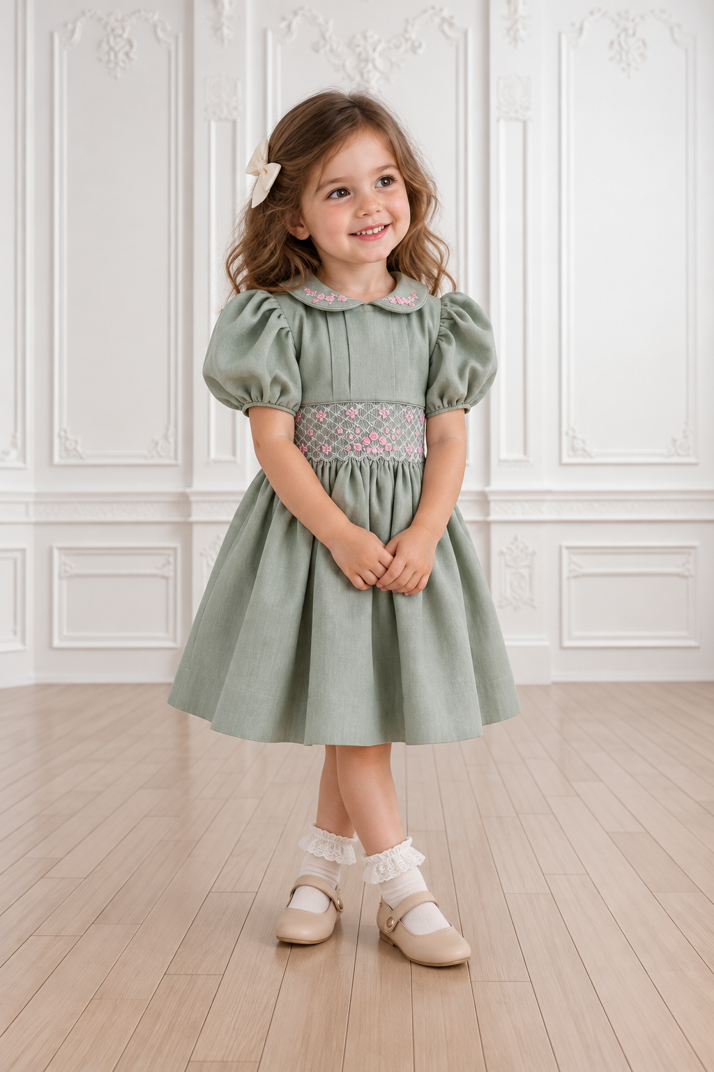 Green smocked dress with pink embroidery